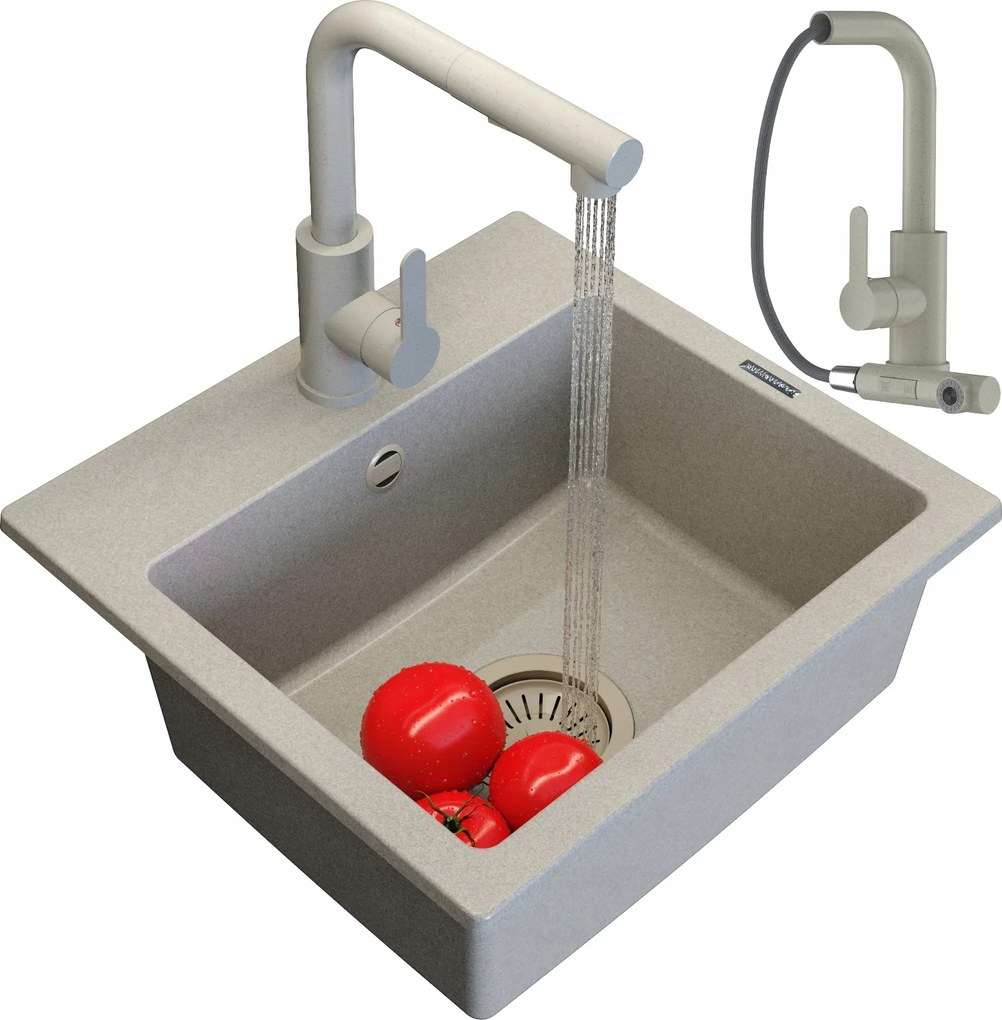 Gránit Mosogató Bézs Színű Konyhai Csaptelep Szifon Teor