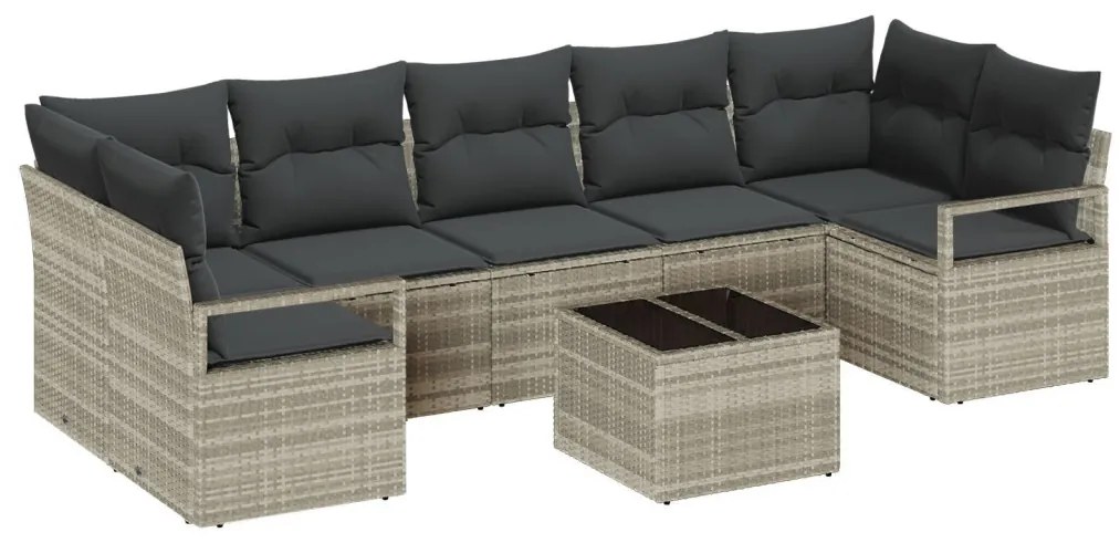 8 darabos Kerti Sofa Szett Párnákkal Világosszürke Poli Rattan, 2-Fős Kerti Sofa Tárolóval és Párnákkal Szürke Poli Rattan
