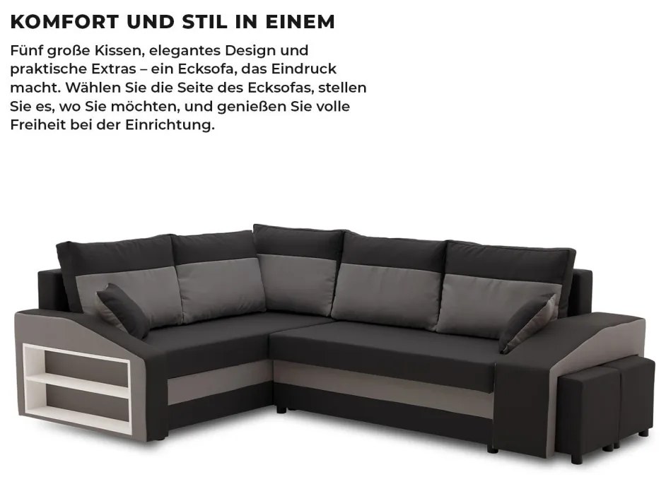 Grande sarokkanapé polcokkal és puffokkal , polc a bal karfaban puffok a jobb karfaban, baloldali, szövet anyag, hab töltet, fekete - szürke