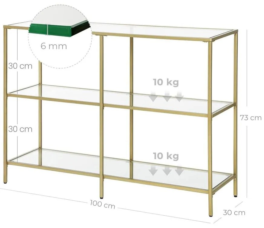 Edzett üveg konzolasztal 100 x 30 x 73 cm, lerakóasztal 3 polccal, arany