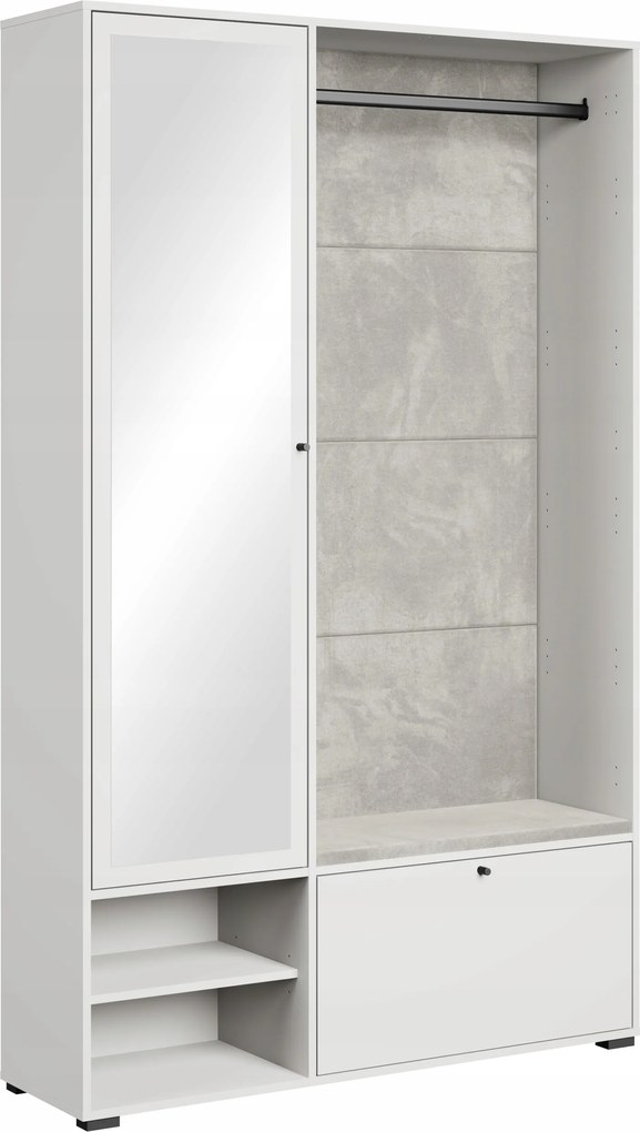 Dino gardróbszekrény előszobába: tükör,cipősszekrény, polcok, rúd fehér