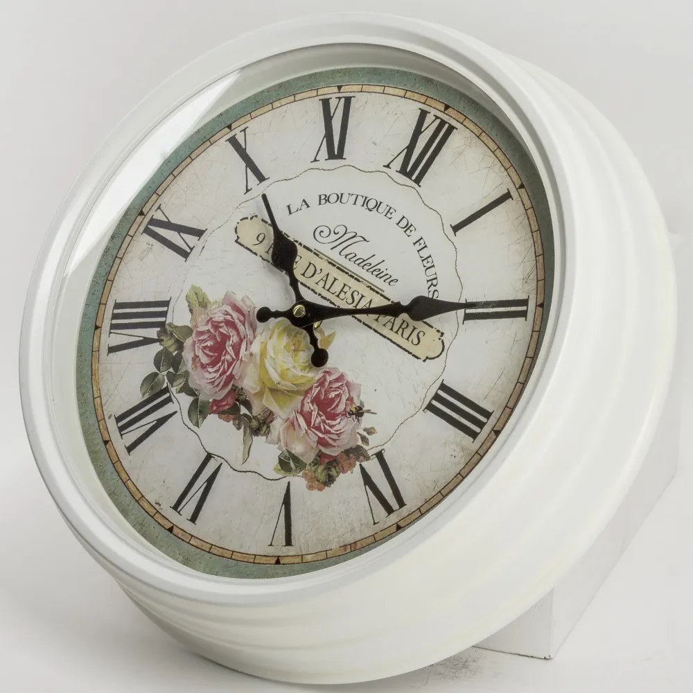La Boutique De Fleurs Paris vintage koptatott rózsás kerek fehér kvarc falióra római számokkal 39x39x9cm