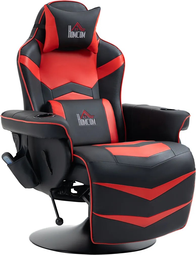 HOMCOM Prémium Gamer Szék, masszázs funkció, dönthető háttámla, lábtartó, acél keret, műbőr, piros