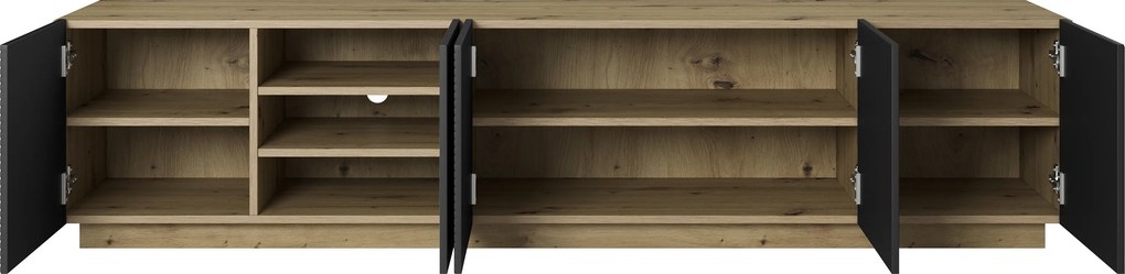 Asha ötajtós bordázott frontos TV szekrény 200 cm - artisan tölgy / matt fekete