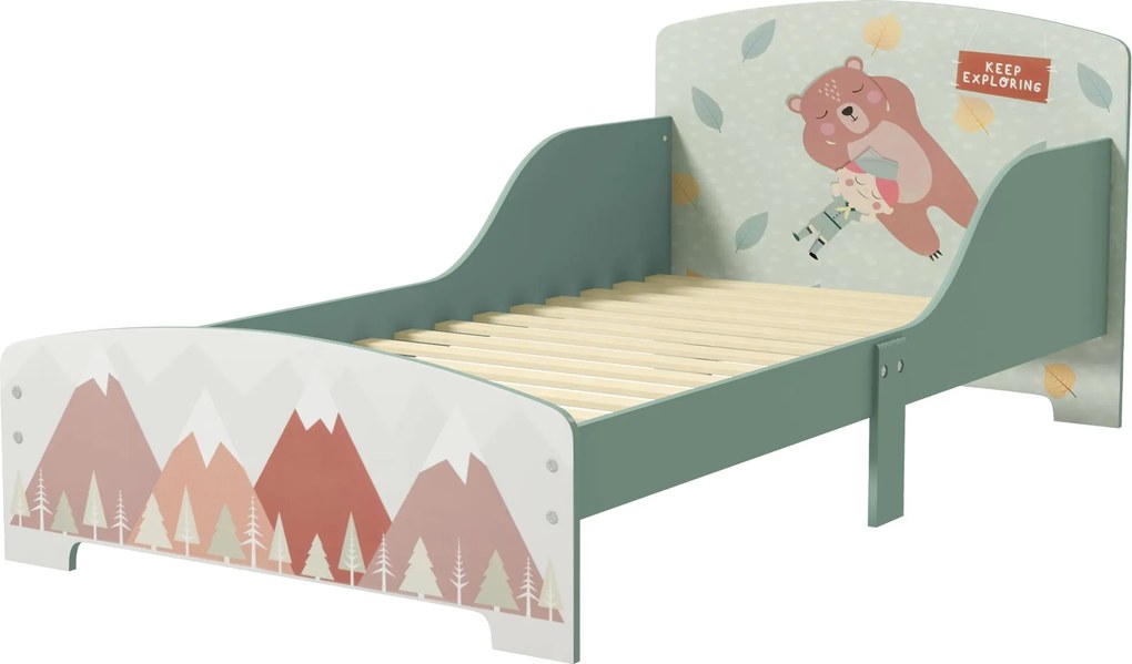 ZONEKIZ Fa Gyermekágy 143x77x60 cm Gyerekeknek 3-6 Év között Védőkorláttal és Mintával Max. Teherbírás 40 kg Modern Zöld Gyerekszoba Bútor | Aosom