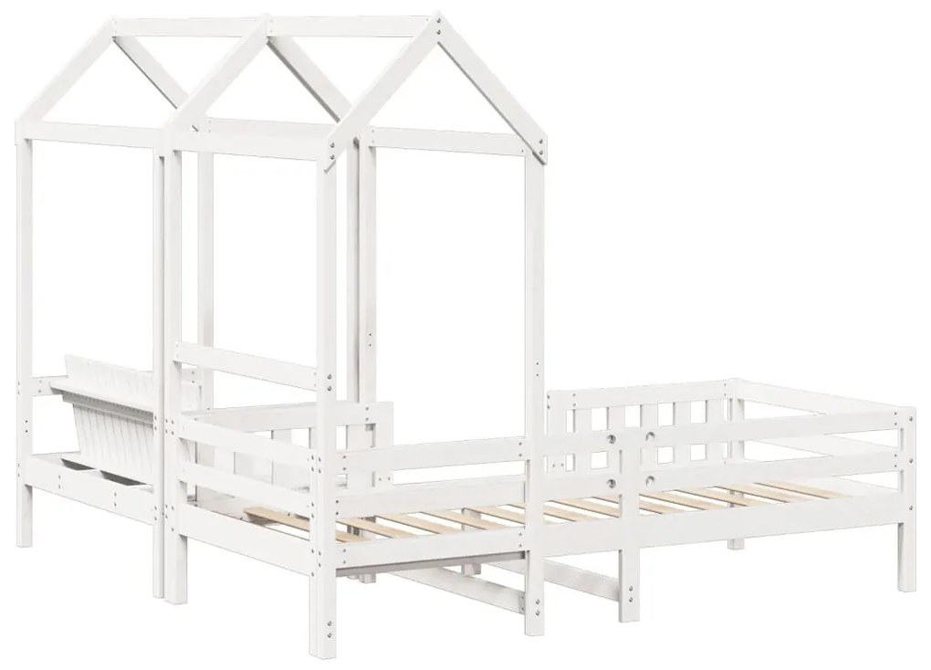 fehér tömör fenyőfa ágy és pad szett tetővel 75 x 190 cm