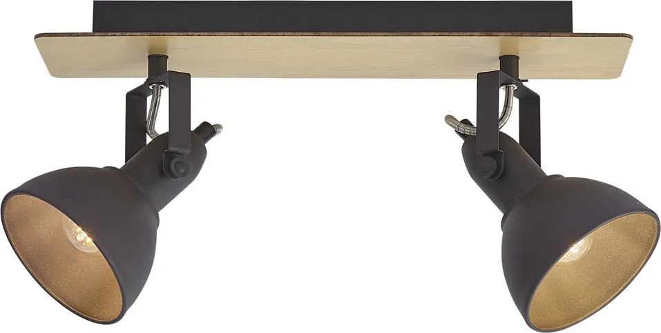 Fekete mennyezeti spotlámpa fával, 2 lámpás, forgatható és dönthető - Jakub