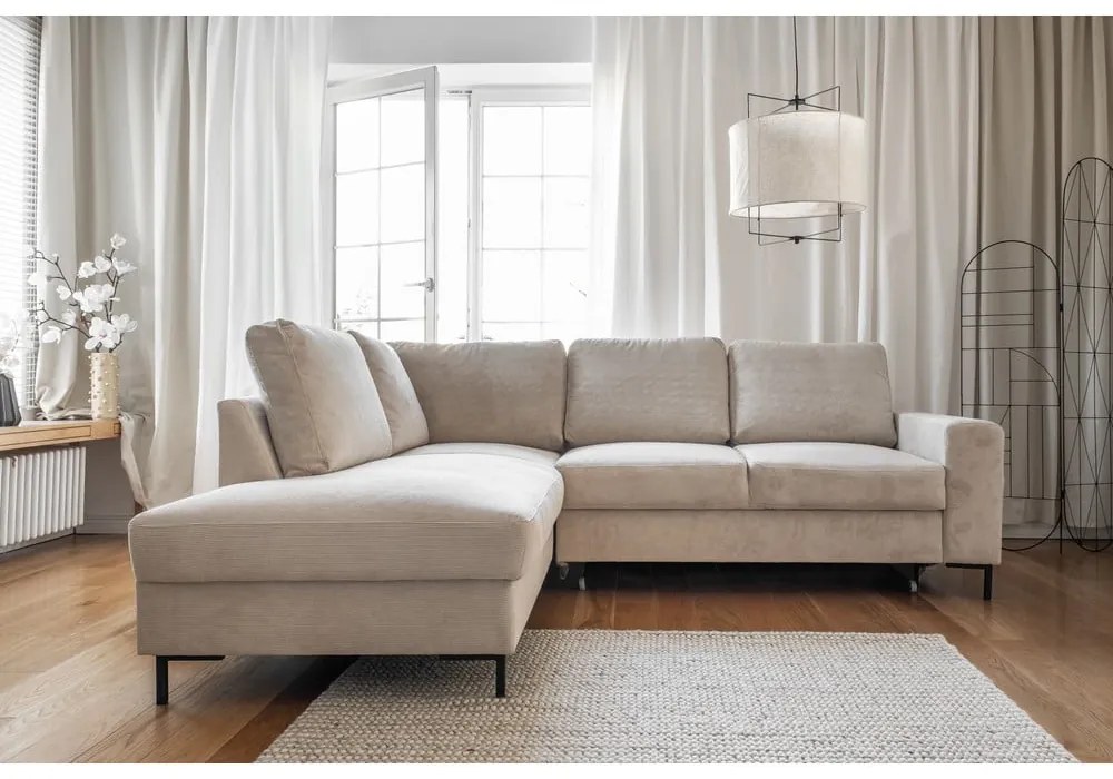 Bézs kordbársony kinyitható sarokkanapé (bal oldali) Lofty Lilly – Miuform