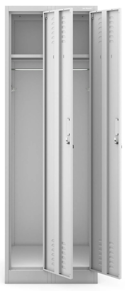 Pléh öltözőszekrény talpazaton, négymodulos, polcokkal KACPER II, 600 x 1800 x 500 mm, szürke