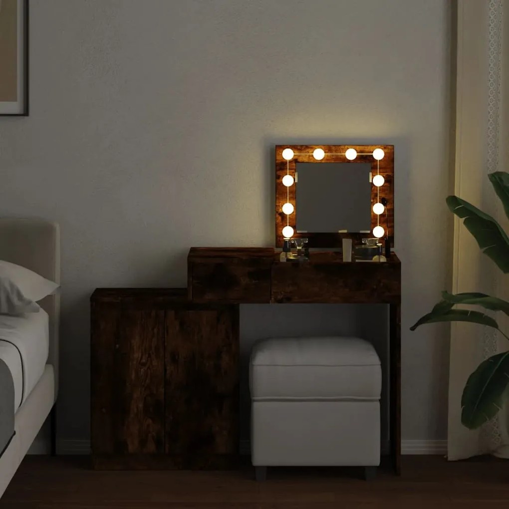 füstös tölgy színű LED-es fésülködőasztal 115 x 37 x 110,5 cm