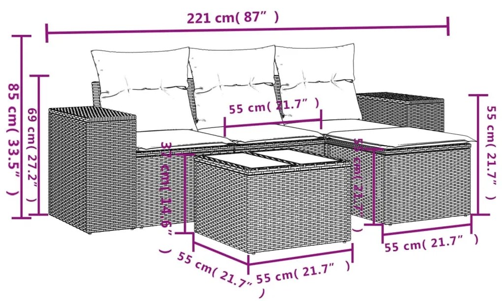 5 részes bézs polyrattan kerti ülőgarnitúra párnákkal