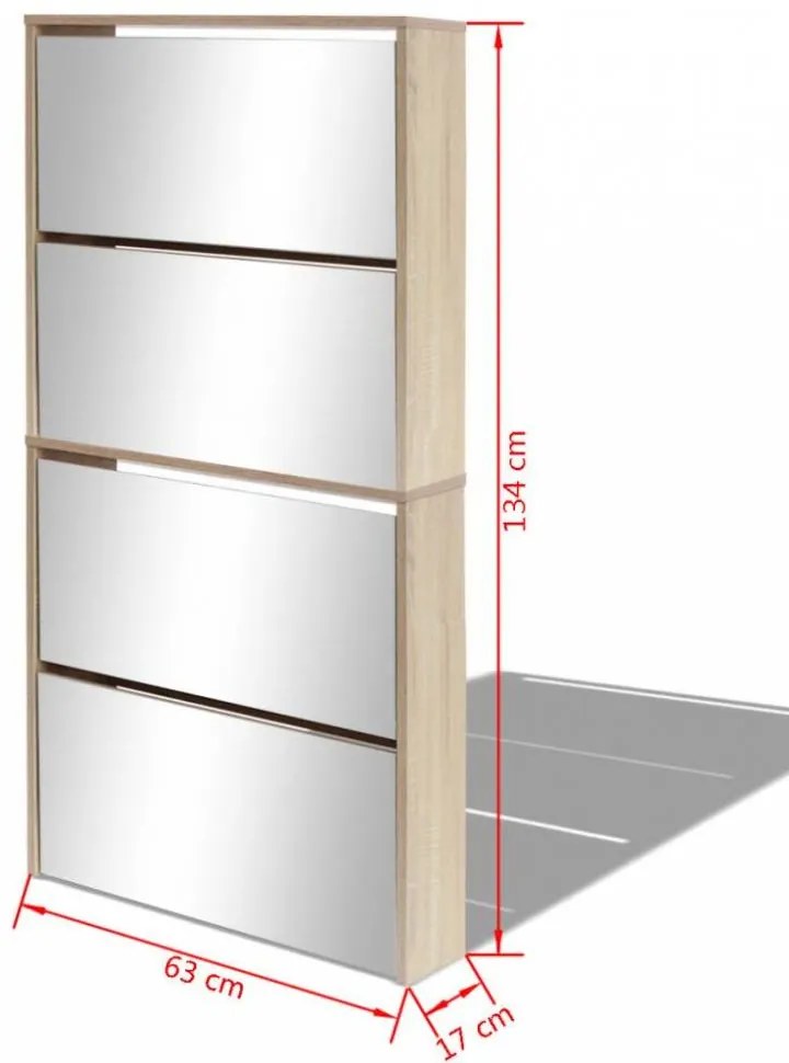 4 szintes tükrös tölgy cipőszekrény 63 x 17 x 134 cm