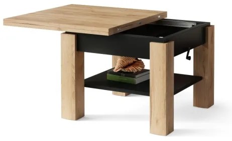Átalakítható CALEB dohányzó/étkezőasztal emelhető lappal, tölgy craft/fekete