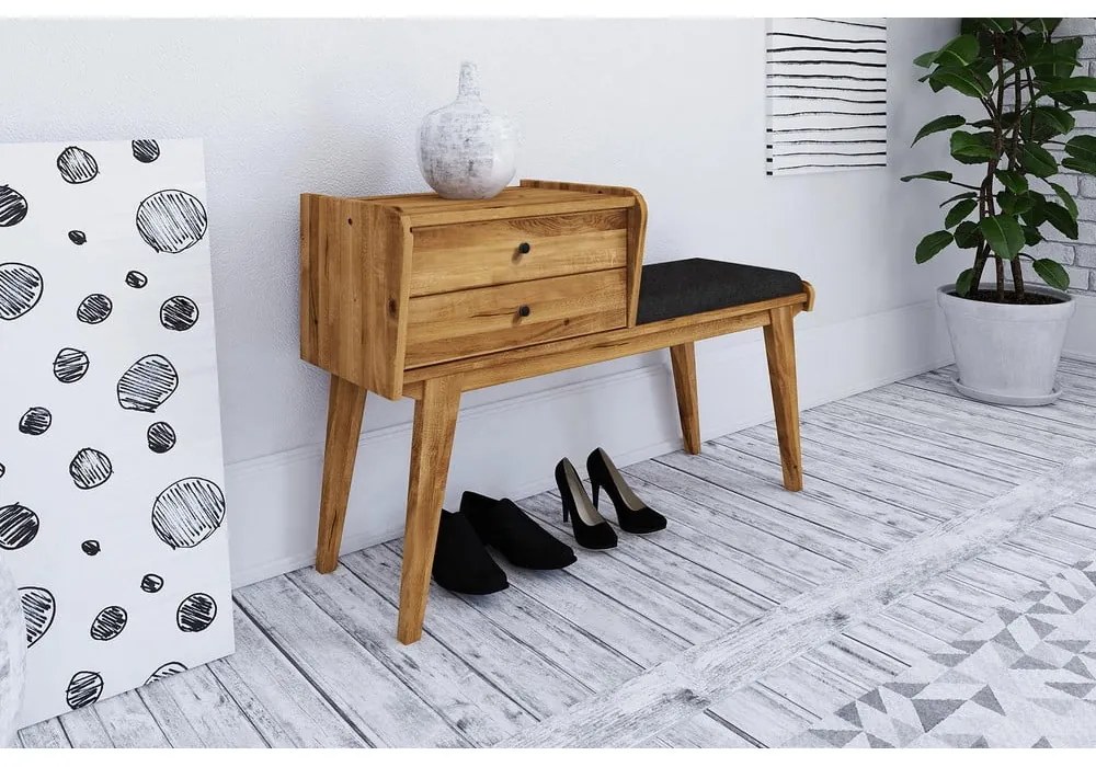 Fiókos tölgyfa pad, szürke ülőrésszel Retro - The Beds