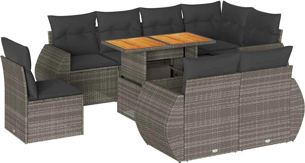 vidaXL 9 részes szürke polyrattan kerti ülőgarnitúra párnákkal