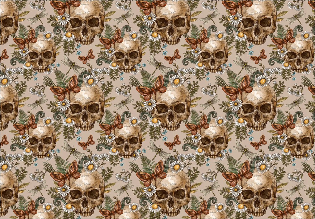 Flizelin fotótapéta Koponyák Virágok Szitakötők Pillangók bézs retro 254x184 +ragasztó