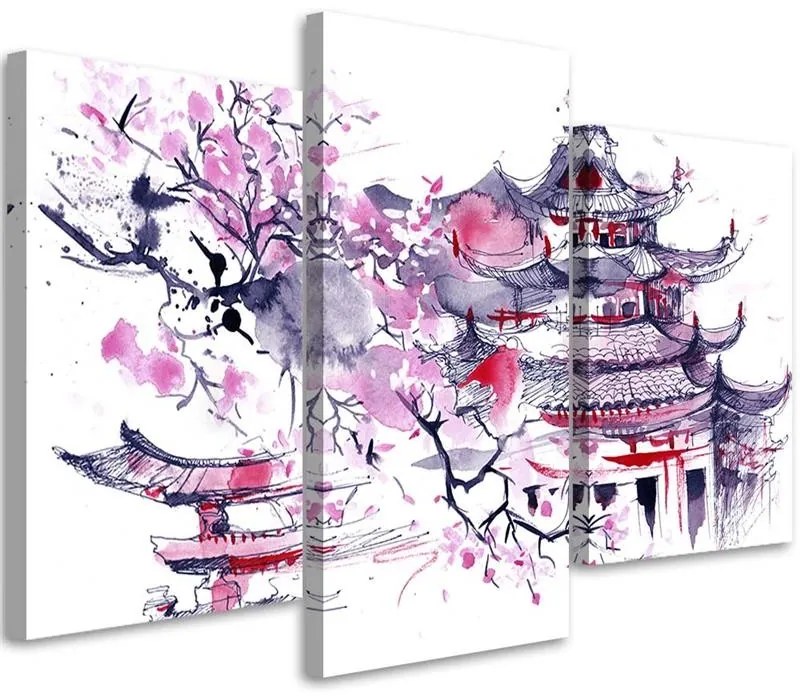 Gario Vászonkép Japán pagoda és cseresznyevirág - 3 részes Méret: 120 x 80 cm