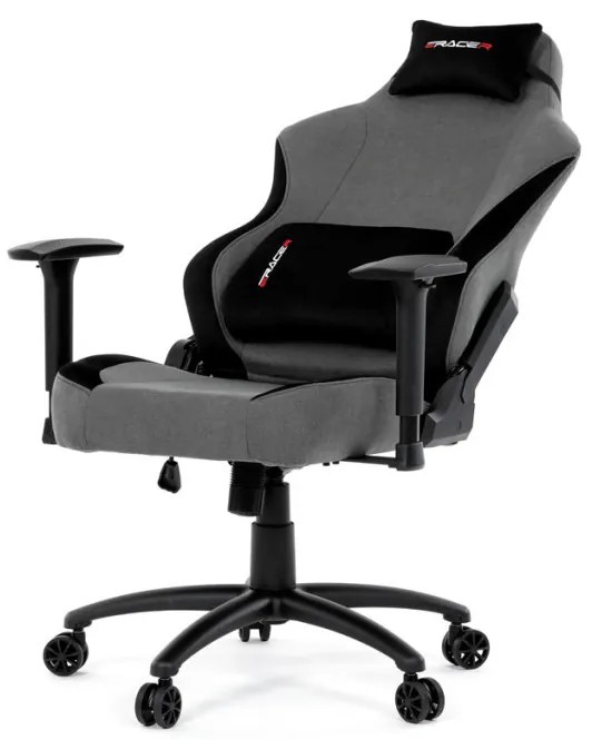 Scaun pivotant pentru gamer, țesătură gri, structură balansoar, poziționare spătar 90°-180°, cotiere 3D, spumă cu memorie și perne