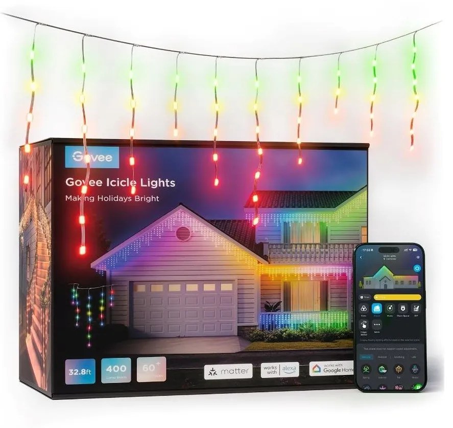 Govee - LED RGBIC Kültéri lánc Intelligens jégcsapok 10m Wi-Fi Matter IP65