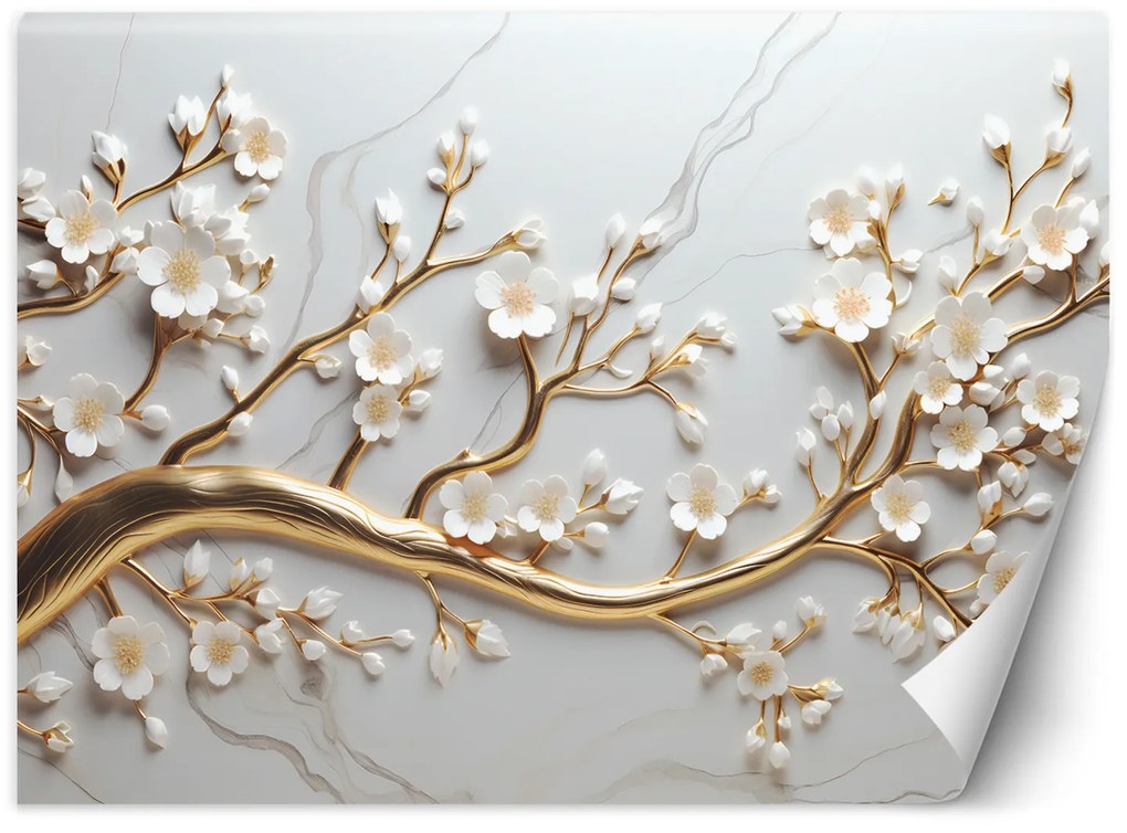 Gario Fotótapéta Fehér virágok egy arany ágon Anyag: Vlies, Méret: 450 x 315 cm