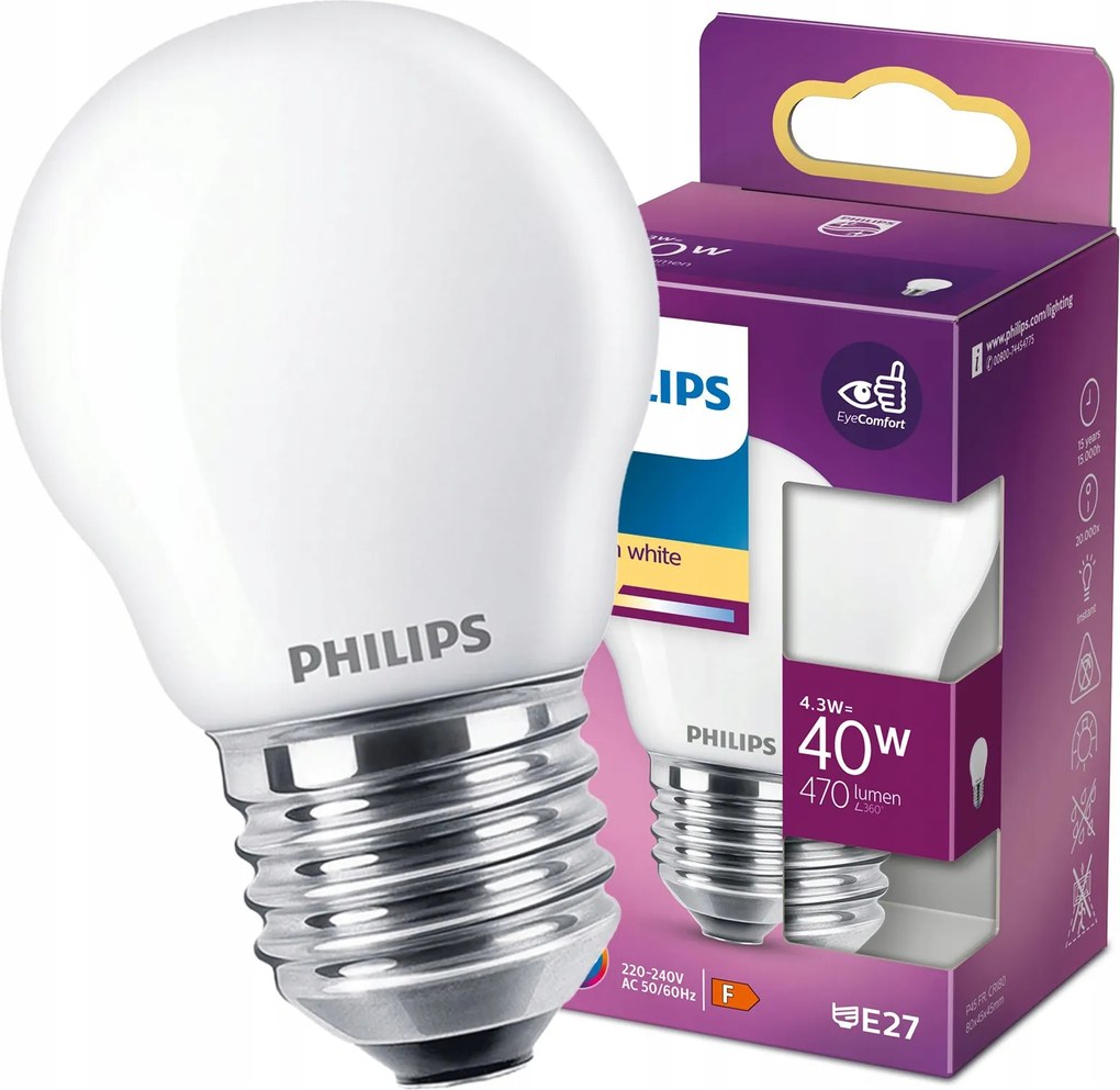 Led izzó Golyó E27 4,3W 40W 2700K Philips