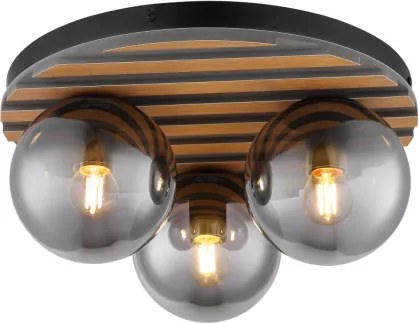 Globo 54343-3 Mennyezeti lámpa, matt fekete fém, sötét fa hatású MDF, füstszínű üveggömbök, ø: 390 mm, M: 200 mm, 3xE27 40W 230 V izzók nélkül