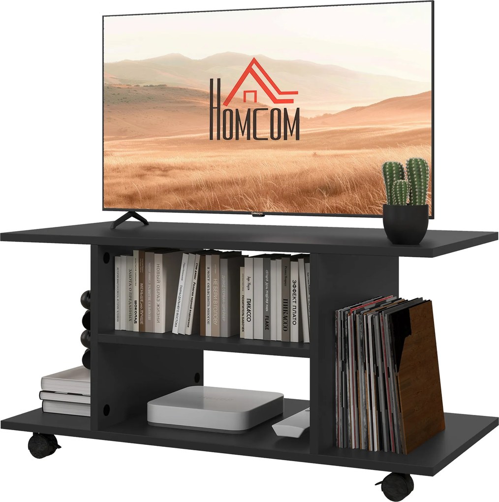 HOMCOM TV Állvány, TV Egység Polcokkal és Zárható Kerekekkel, Melamin Felület, 80x40x40 cm, Fekete | Aosom