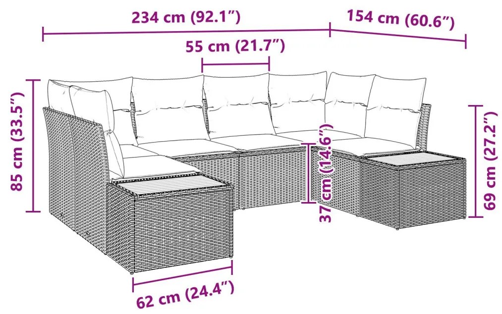 6 részes kerti kanapé szett párnákkal Fekete Poli rattan Acacia