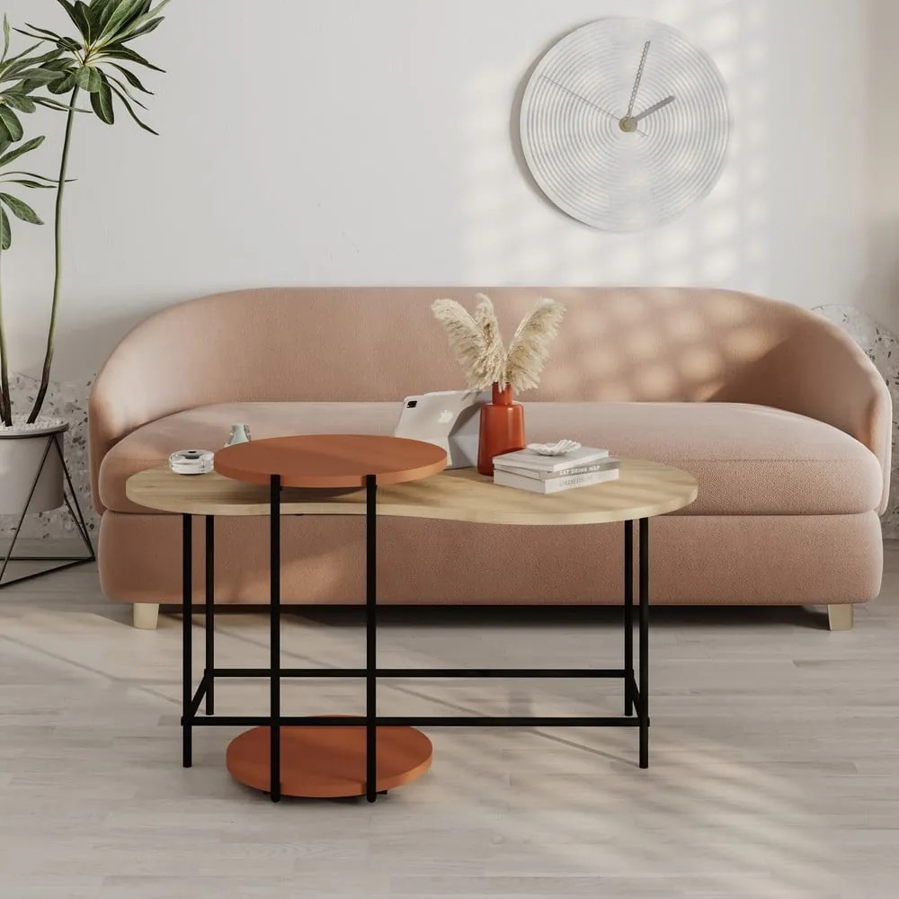 Téglavörös-natúr színű dohányzóasztal szett tölgyfa dekoros asztallappal, 2 db-os 65x103 cm Rosie – Marckeric