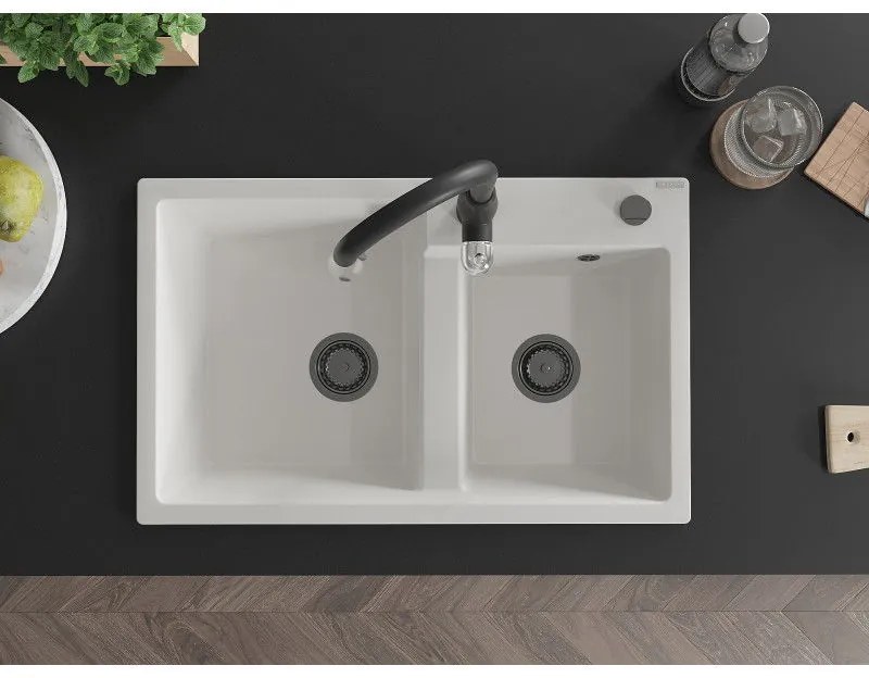 Mexen Tomas, gránit mosogató 800x500x190 mm, 2 kamrás és Savita mosogató csaptelep, fehér, 6516-20-672601-70
