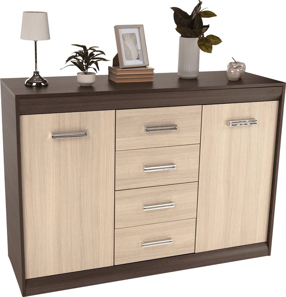 Komód, DTD/MDF, tölgy világos/tölgy sötét, KORINA