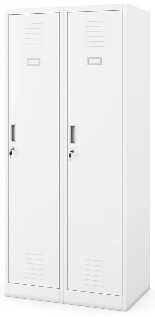 Pléh öltözőszekrény talpazaton, kétmodulos, polccal és köztes fallal KACPER, 800 x 1800 x 500 mm, fehér