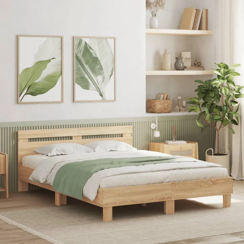 sonoma tölgy színű szerelt fa ágykeret fejtámlával 150 x 200 cm
