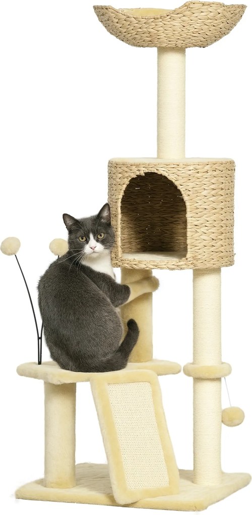 PawHut macskakaromfa 116 cm macskafa macskaodúval, macskaággyal, beltéri mászótoronnyal labdával, kaparódeszkával, plüss macskabútorral 5 kg-ig, Bézs