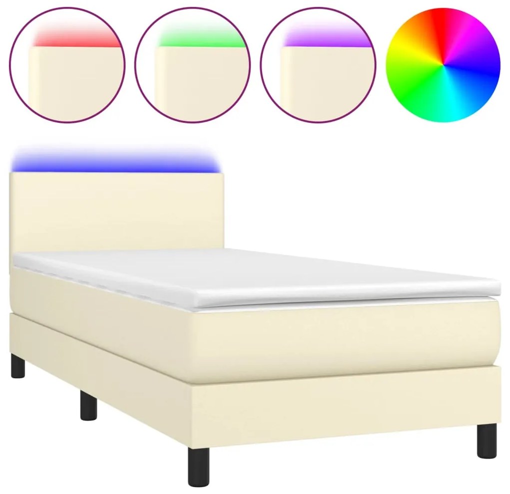 krémszínű műbőr rugós ágy matraccal és LED-del 100x200 cm