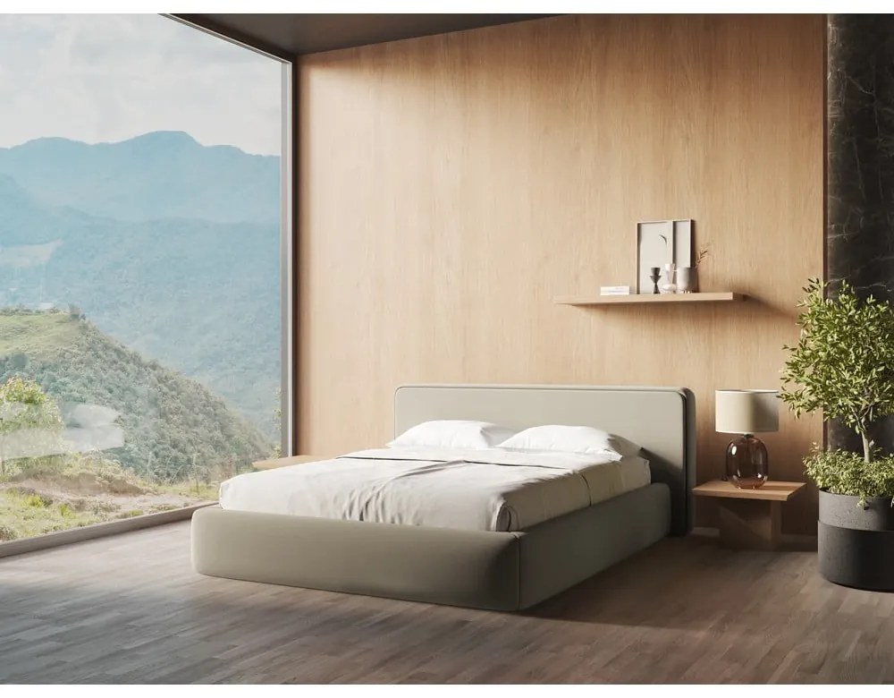 Bézs kárpitozott ágyneműtartós franciaágy ágyráccsal 180x200 cm Kiana – Makamii