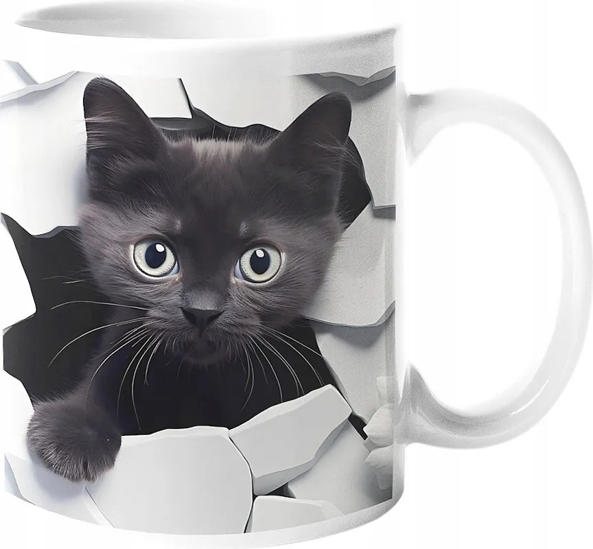 Csodaszép Macskás Bögre Macskáknak Fekete Cica "3D hatás" Ajándék 330ml.