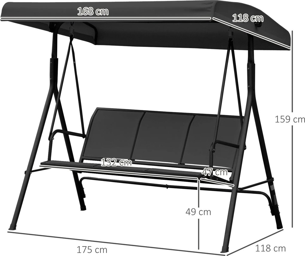 Outsunny 3-Fős Grand Confort Kerti Hinta Állítható Napernyő Ergonomikus Ülés és Háttámla Epoxi Gyanta Acél Textilene Fekete | Aosom