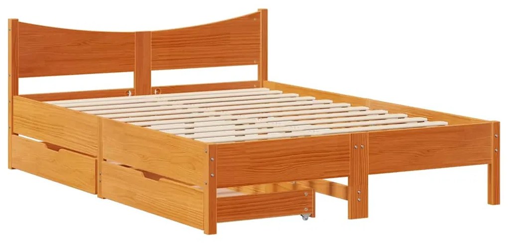 vidaXL viaszbarna tömör fenyőfa ágykeret fiókokkal 140 x 190 cm