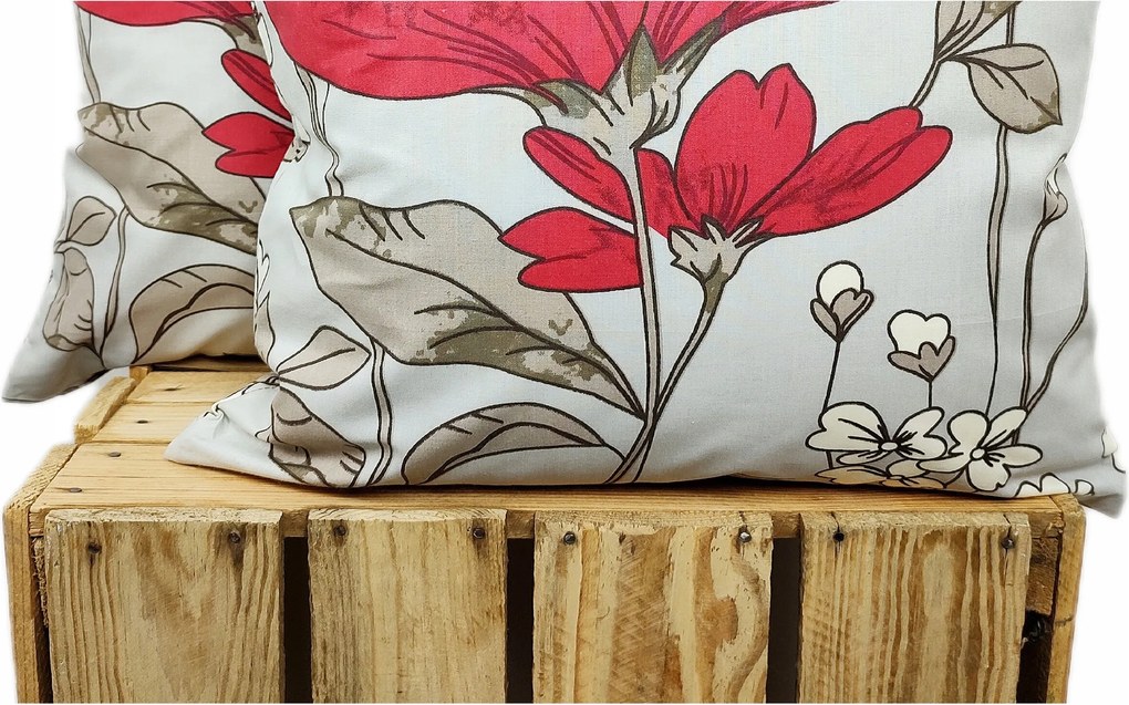 Párnahuzat 100% pamut Prémium piros virágok szürke elegáns 50x60