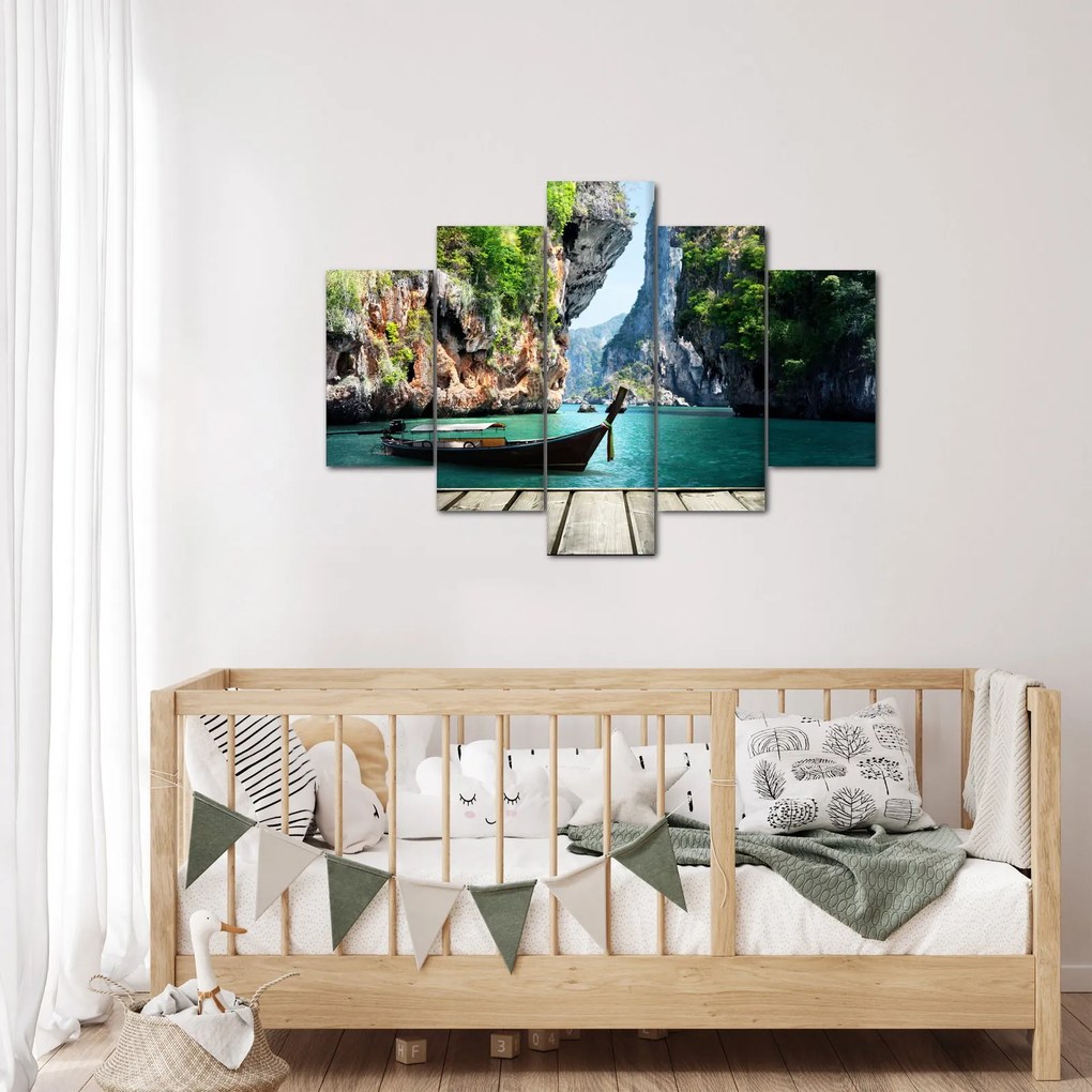 Kép - Víz mediterrán táj csónakkal (150x105 cm)