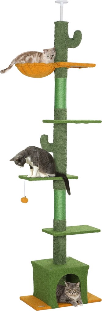 PawHut Mennyezetre Rögzíthető Macska Kaparóoszlop, Macskafa, 230-275 cm Macska Kaparóoszlop Macska Bújóval, Kaparóoszlopokkal, Játékfallal, Antitipiku