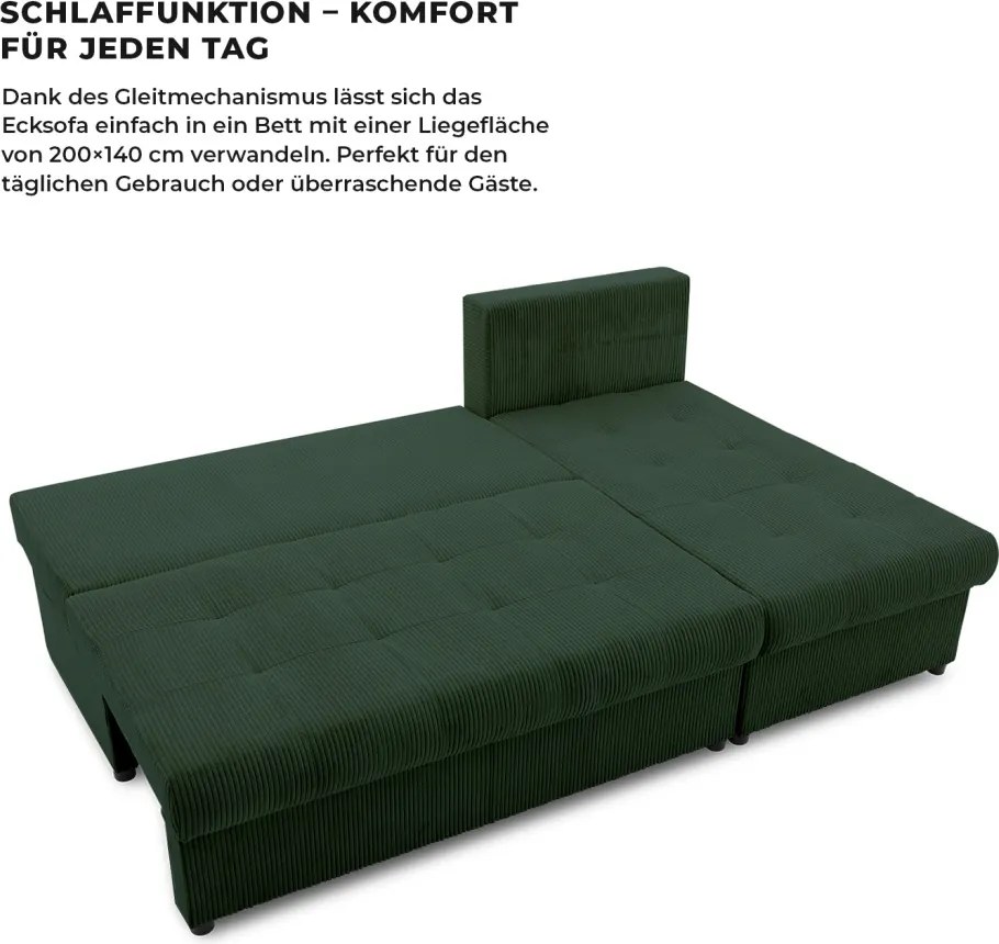 Venezia sarokkanapé, kordbársony, univerzális oldal, bonell töltet, zöld