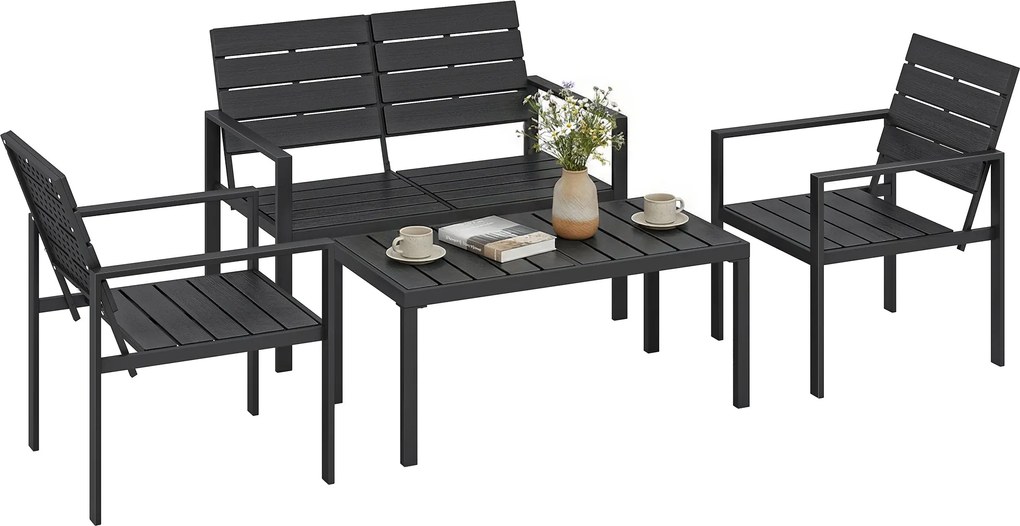Outsunny 4 részes kerti ülőgarnitúra – kétszemélyes kanapé, 2 fotel és dohányzóasztal, fekete | Aosom
