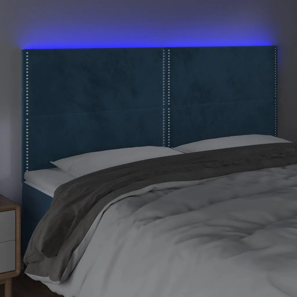 sötétkék bársony LED-es fejtámla 160x5x118/128 cm
