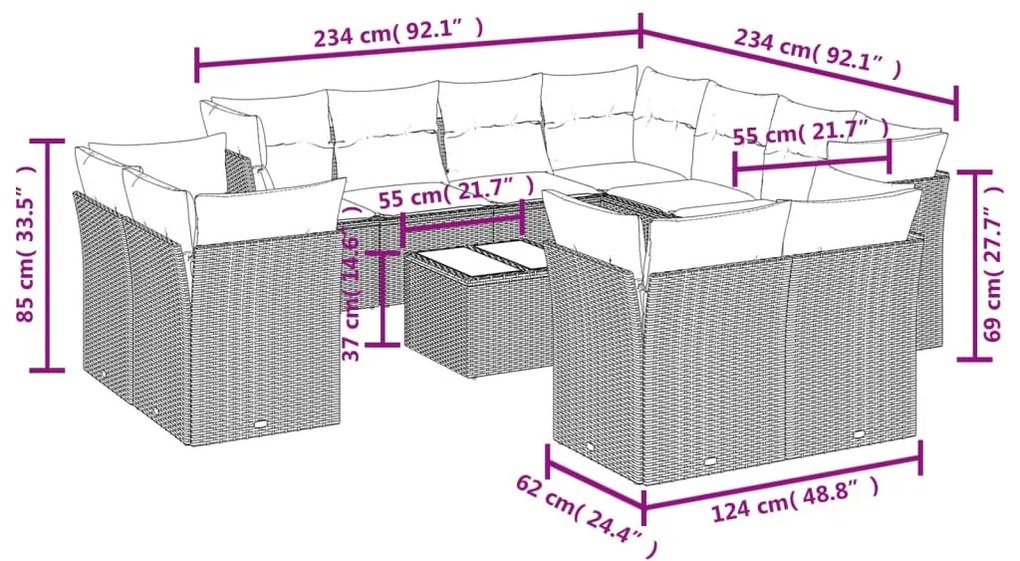 12 részes szürke polyrattan kerti ülőgarnitúra párnákkal