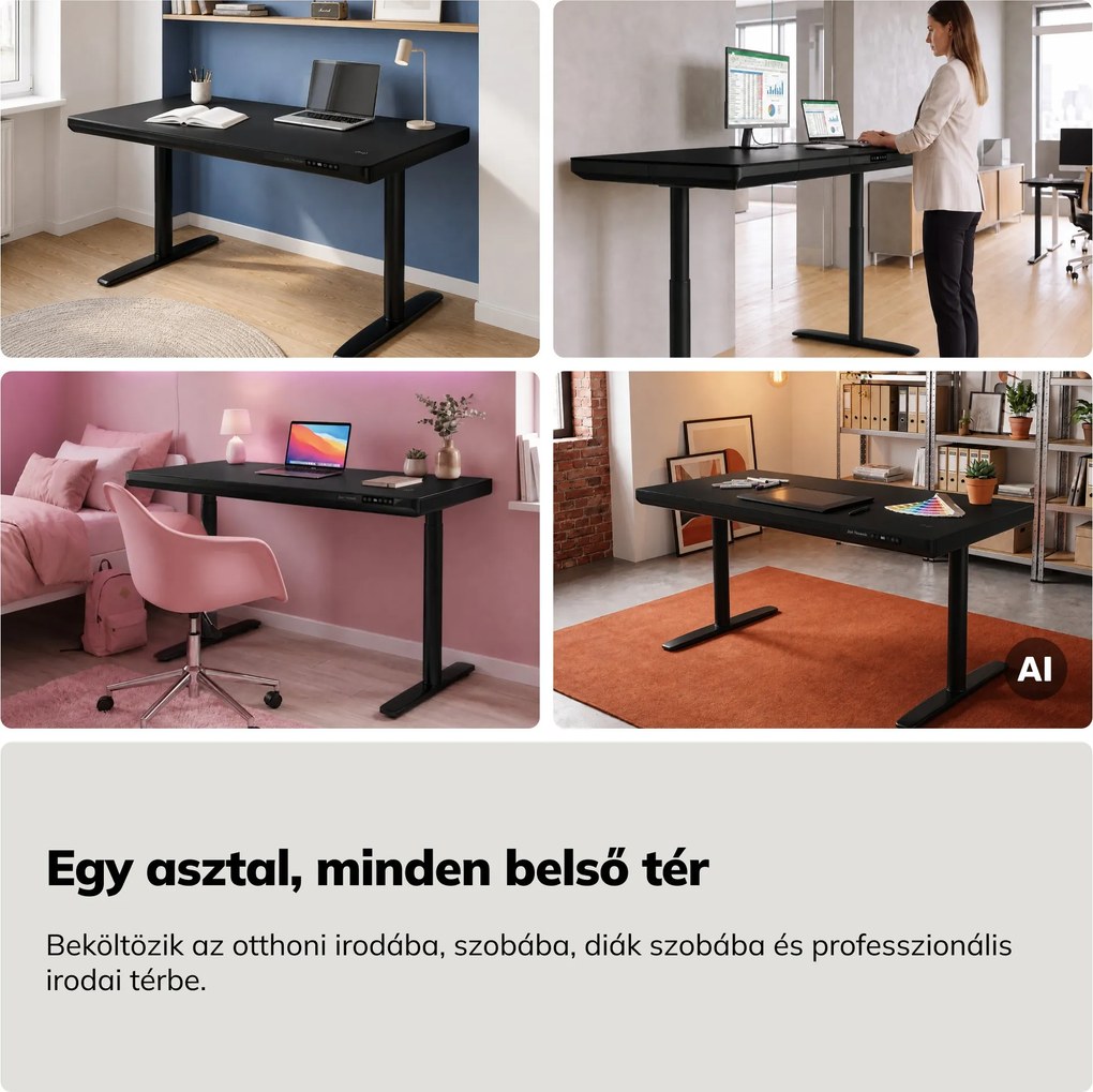 Elektromos ülő-álló íróasztal fiókkal és Qi vezeték nélküli töltővel fekete, 1400 mm: ELLIS