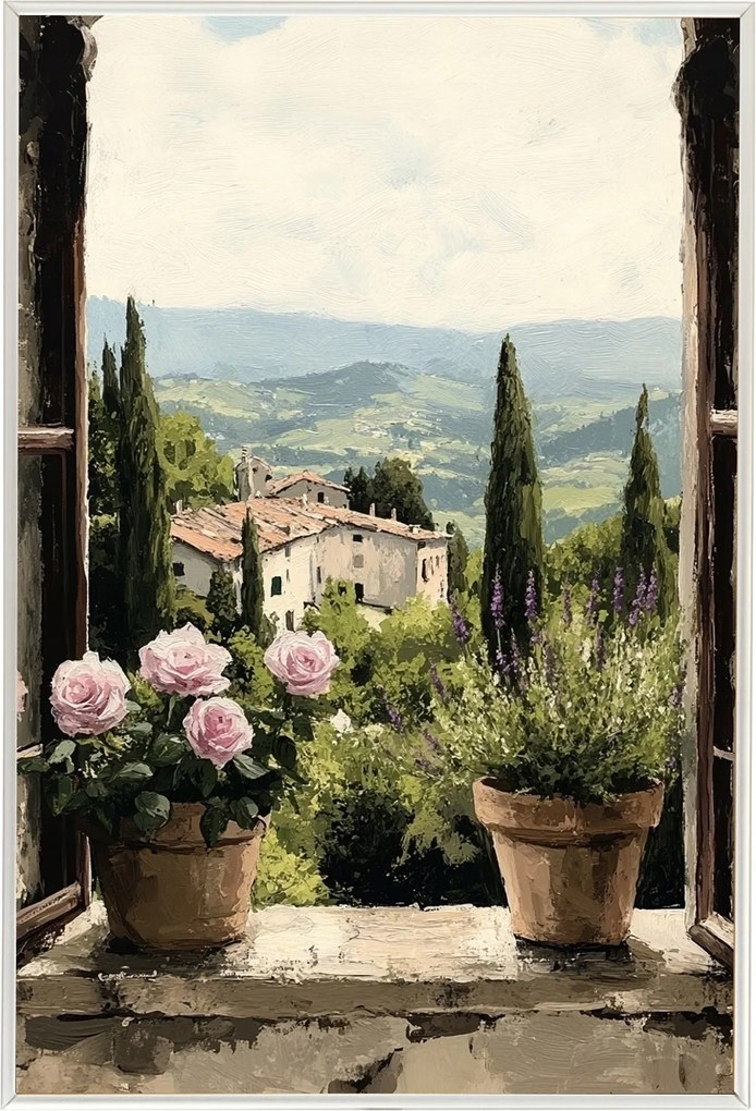 Poszter Keret Alumínium Ablak Olaszország Toszkána Virágok Rózsák Levendula 40x60