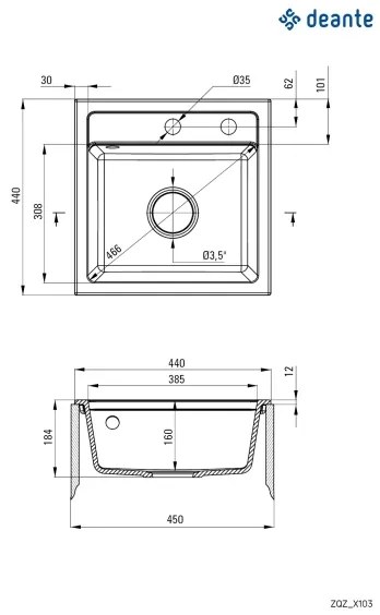 Deante ZQZ_S103 - ZORBA konyhai mosogató 44x44 cm gránit/metál szürke