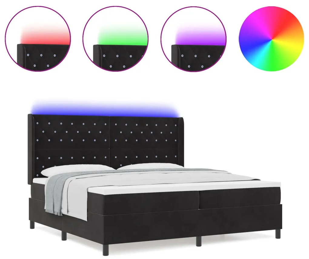 Boxspring Ágy Matraccal és LED Fényekkel Fekete 200x200 cm Bársony